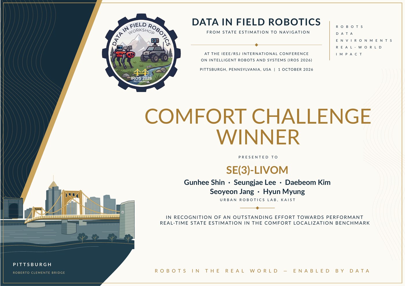 Winner certificate, IROS 2026 workshop Data in Field Robotics, Pittsburgh.