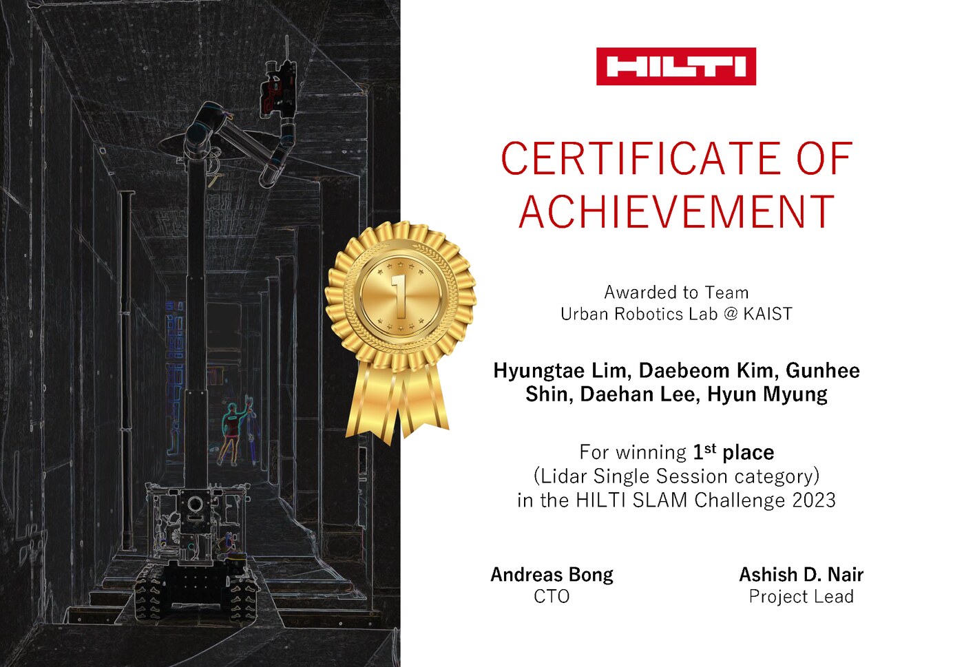 LiDAR single-session first-place certificate, HILTI SLAM Challenge 2023.