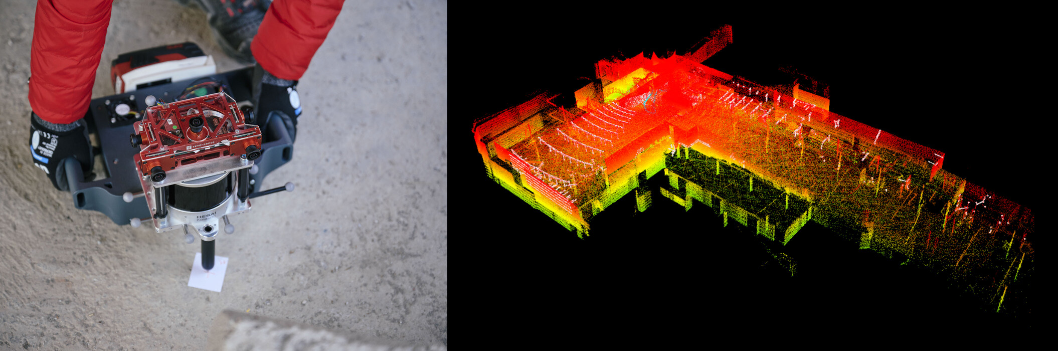 The handheld LiDAR rig on a construction site (left, photo: HILTI) and our map of a site-2 building under construction (right).