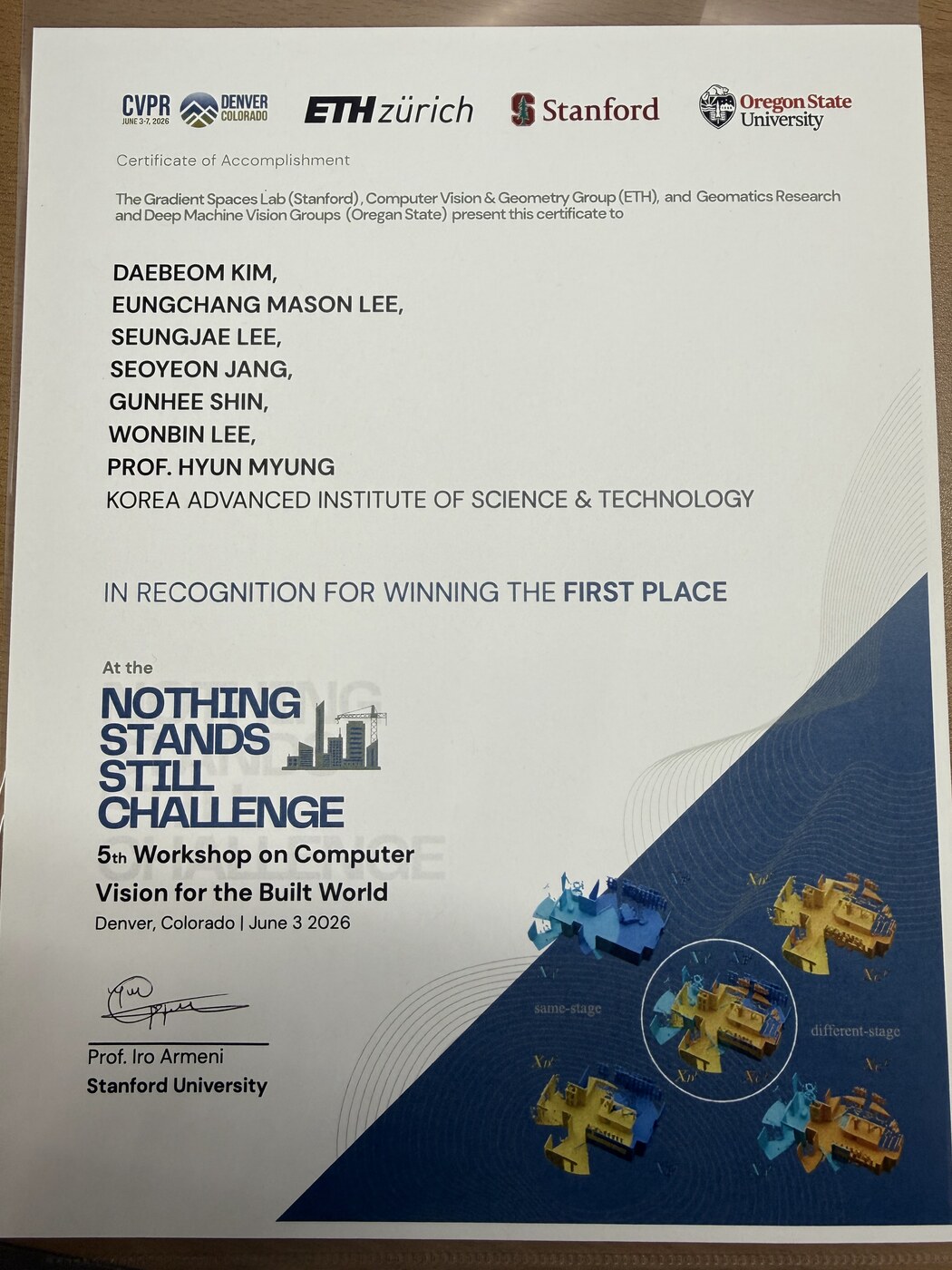 First-place certificate, CVPR 2026, Denver.