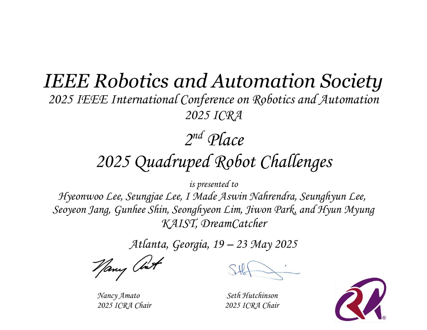 Second-place certificate, ICRA 2025, Atlanta.