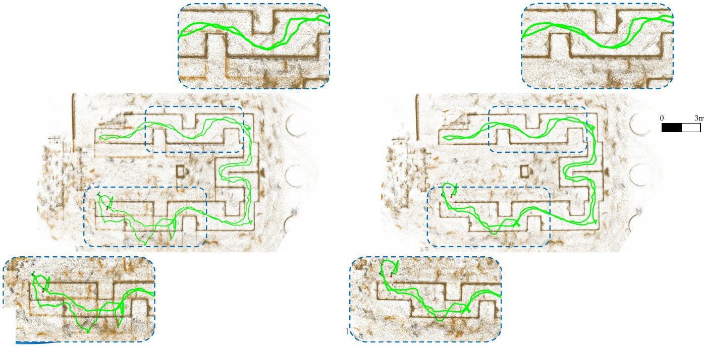 QRC 2024 course data: FAST-LIO2 (left), ours (right).